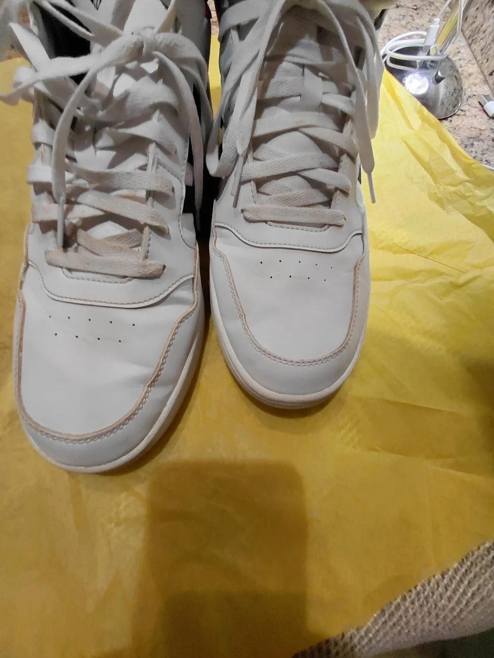 Adidas Men’s White High-Top Sneakers with Black Stripes and Red Trim